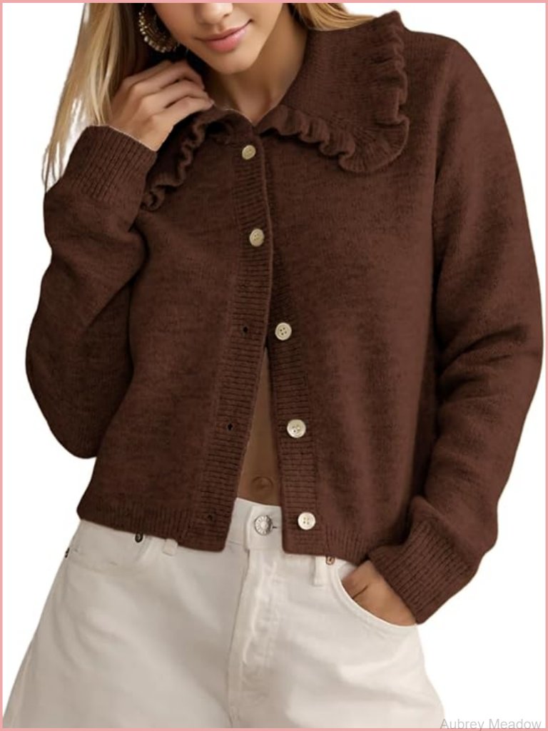 Y2k Ruffled Collar Crop Cardigan Button Down Long Sleeve Knit